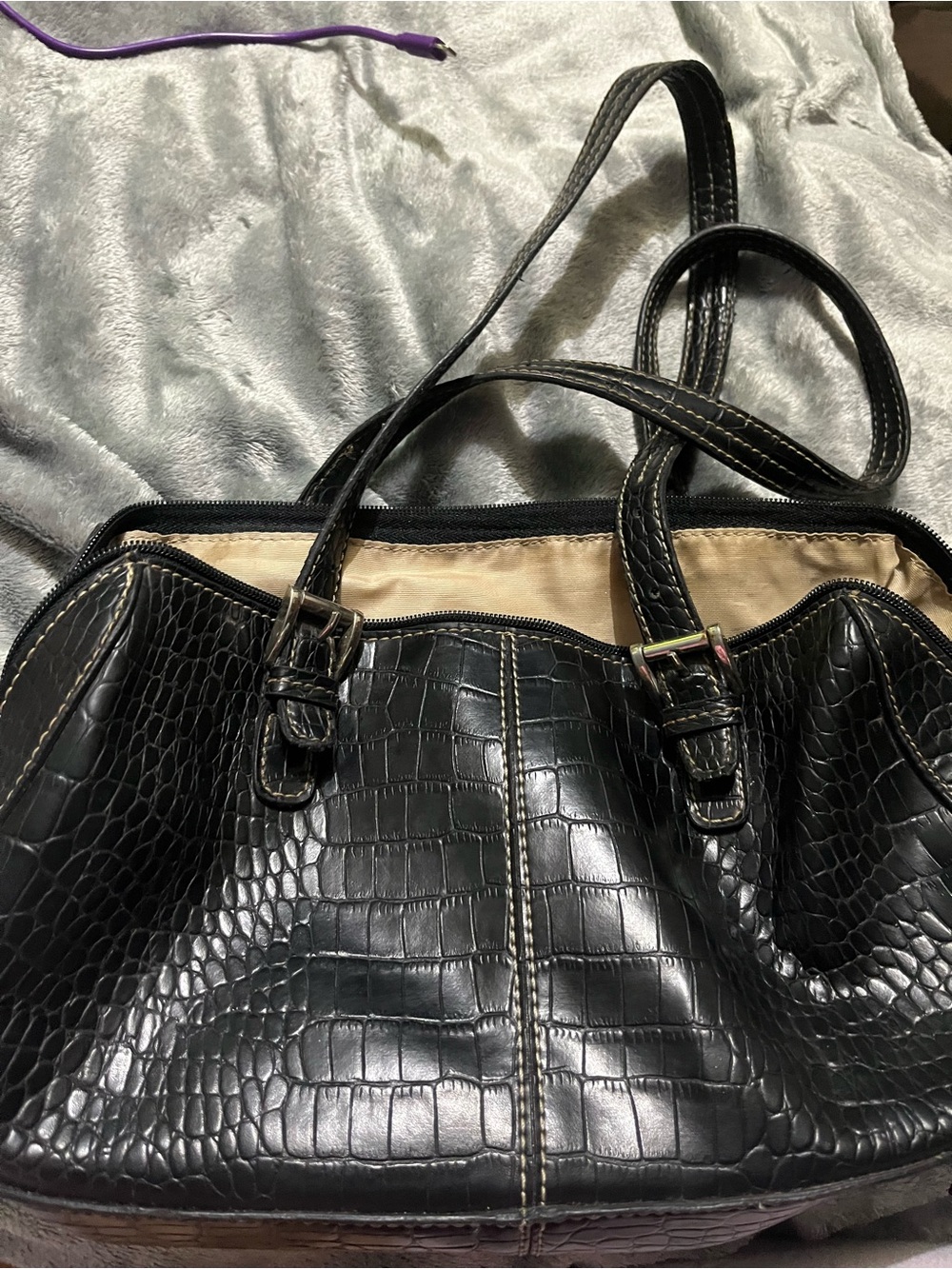Nine West Black Croc-Embossed Shoulder Bag with Cream Trim